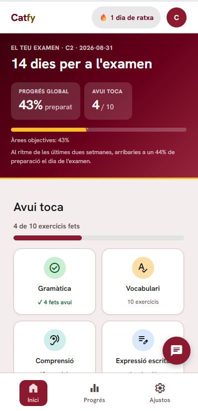 Captura real de l'app Catfy: pla d'estudi del dia, ratxa i progrés cap a l'examen de C2